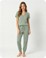 Women’s Bamboo Pajama Set V Neck Solid Green