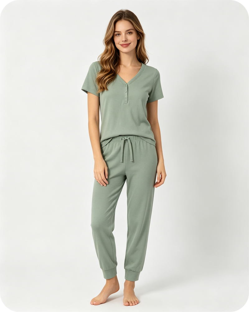 Women’s Bamboo Pajama Set V Neck Solid Green