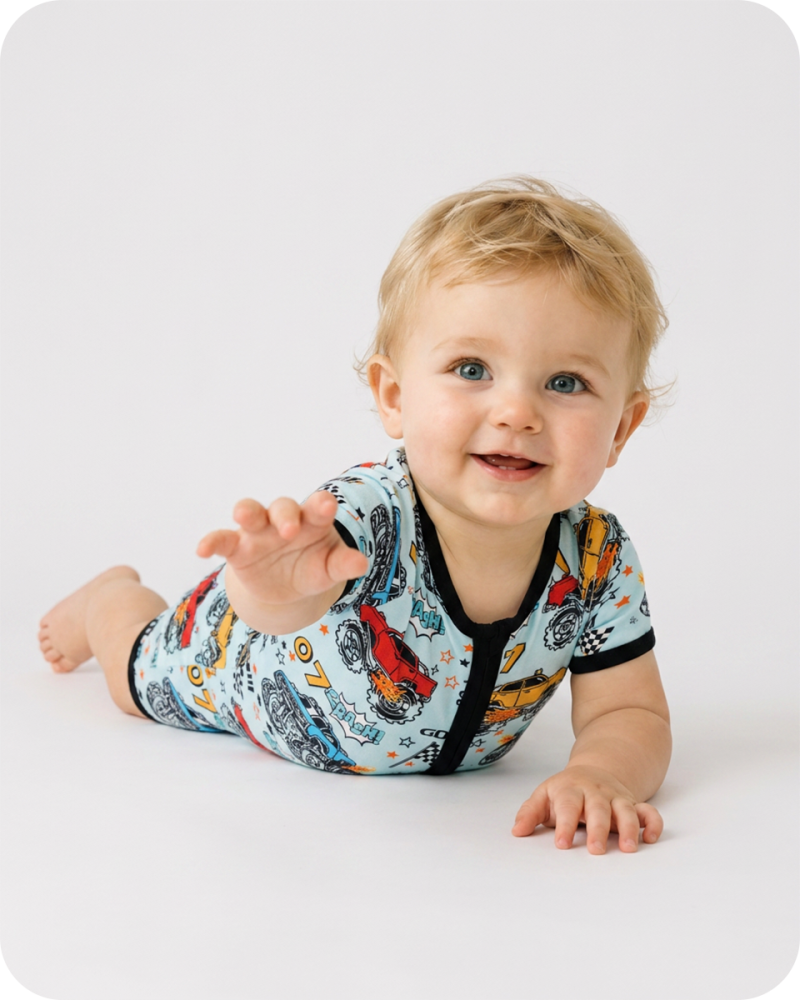 Monster Truck Bamboo Short Sleeve Zip Romper