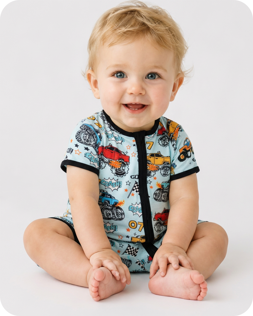 Monster Truck Bamboo Short Sleeve Zip Romper
