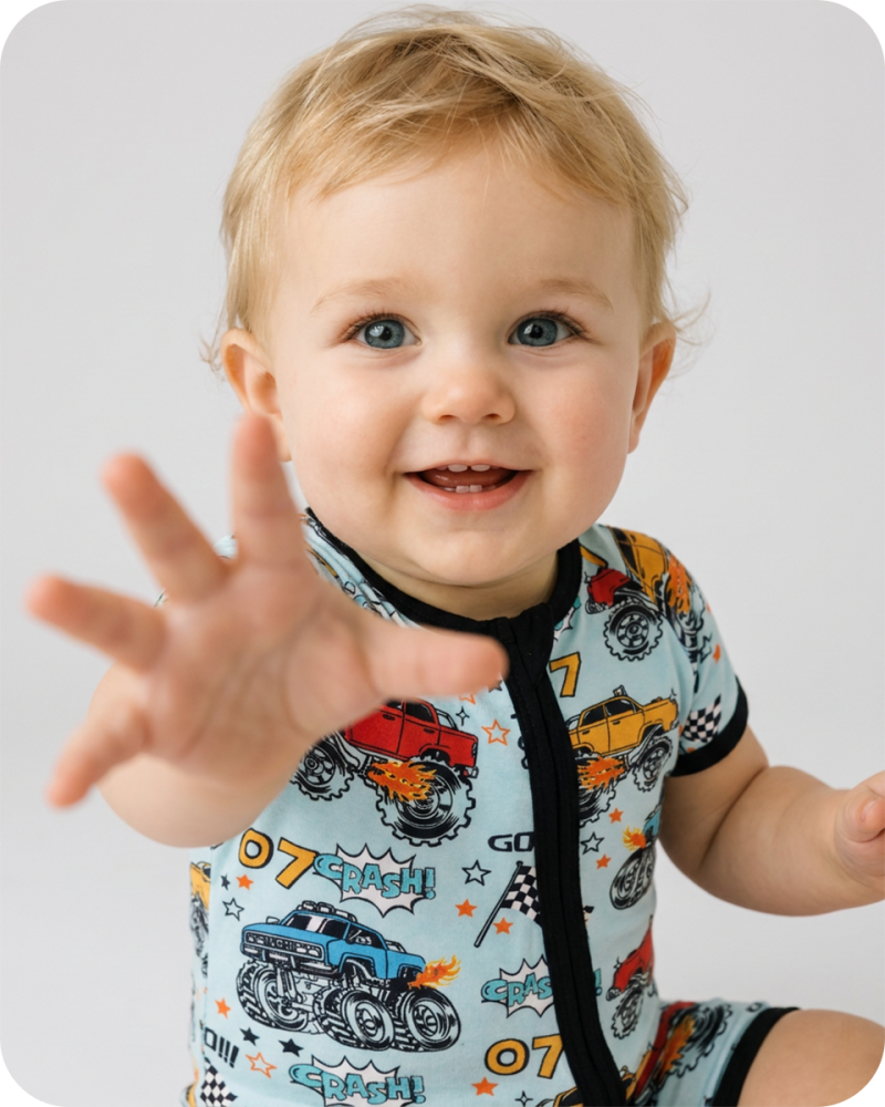 Monster Truck Bamboo Short Sleeve Zip Romper
