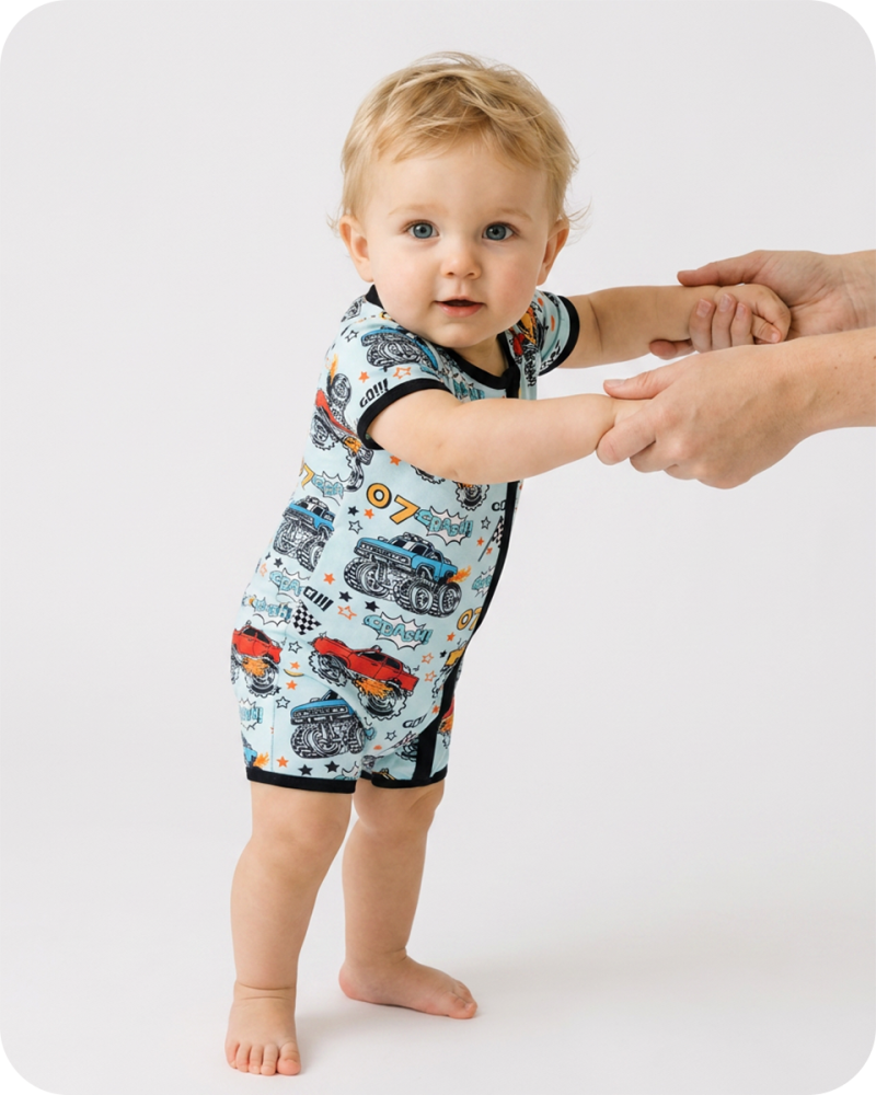 Monster Truck Bamboo Short Sleeve Zip Romper