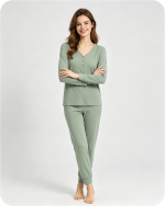 Women's Pajama Top V Neck Solid Green