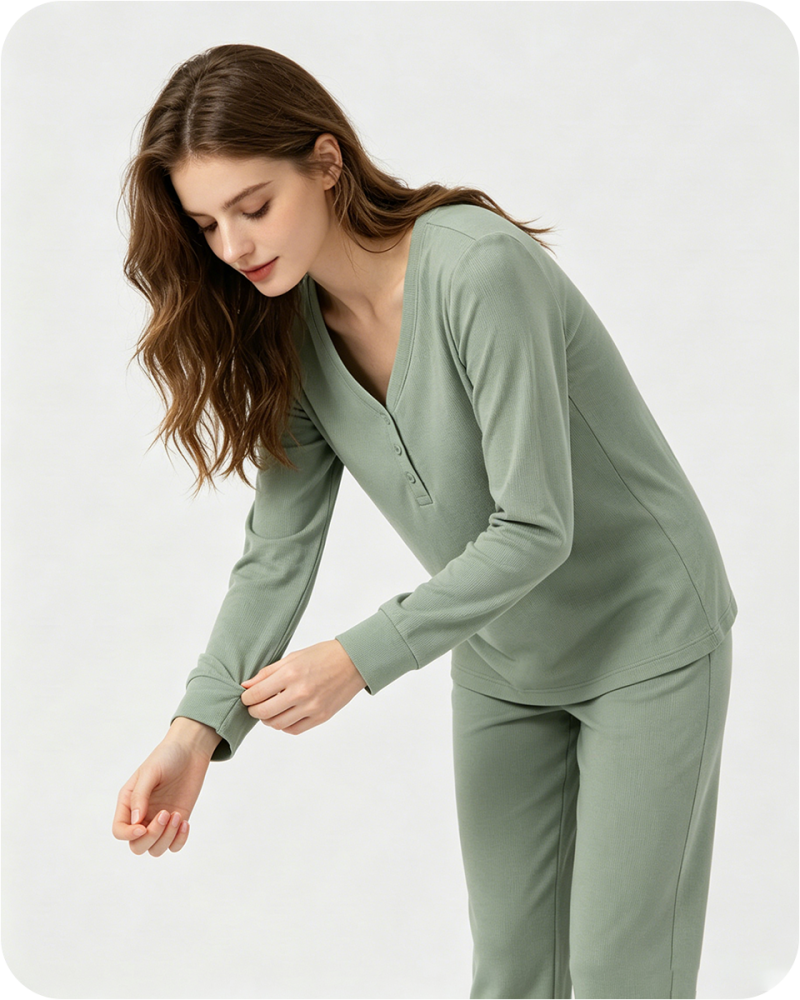 Women's Pajama Top V Neck Solid Green