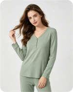 Women's Pajama Top V Neck Solid Green