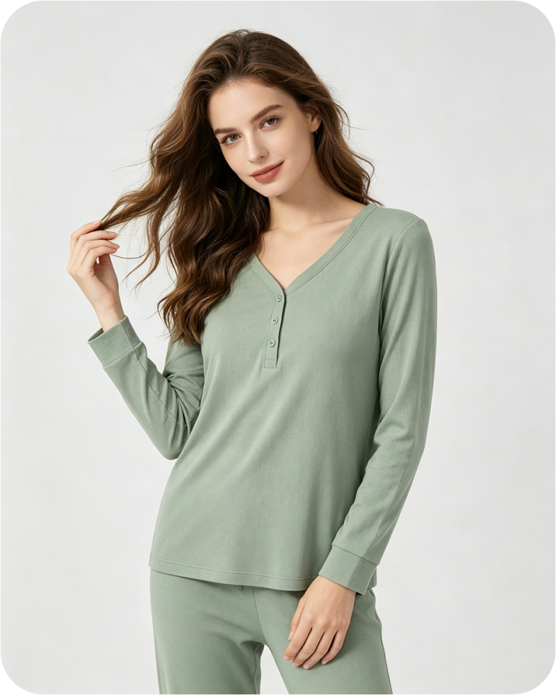 Women's Pajama Top V Neck Solid Green