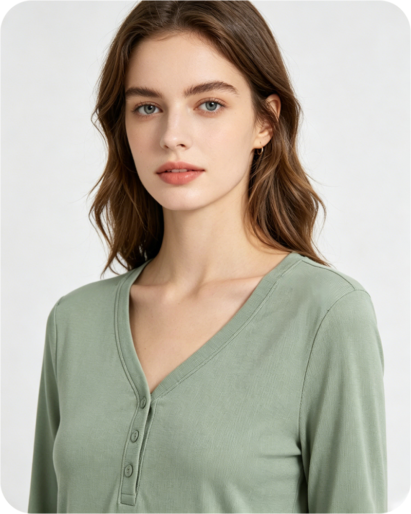 Women's Pajama Top V Neck Solid Green