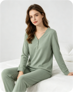 Women's Pajama Top V Neck Solid Green