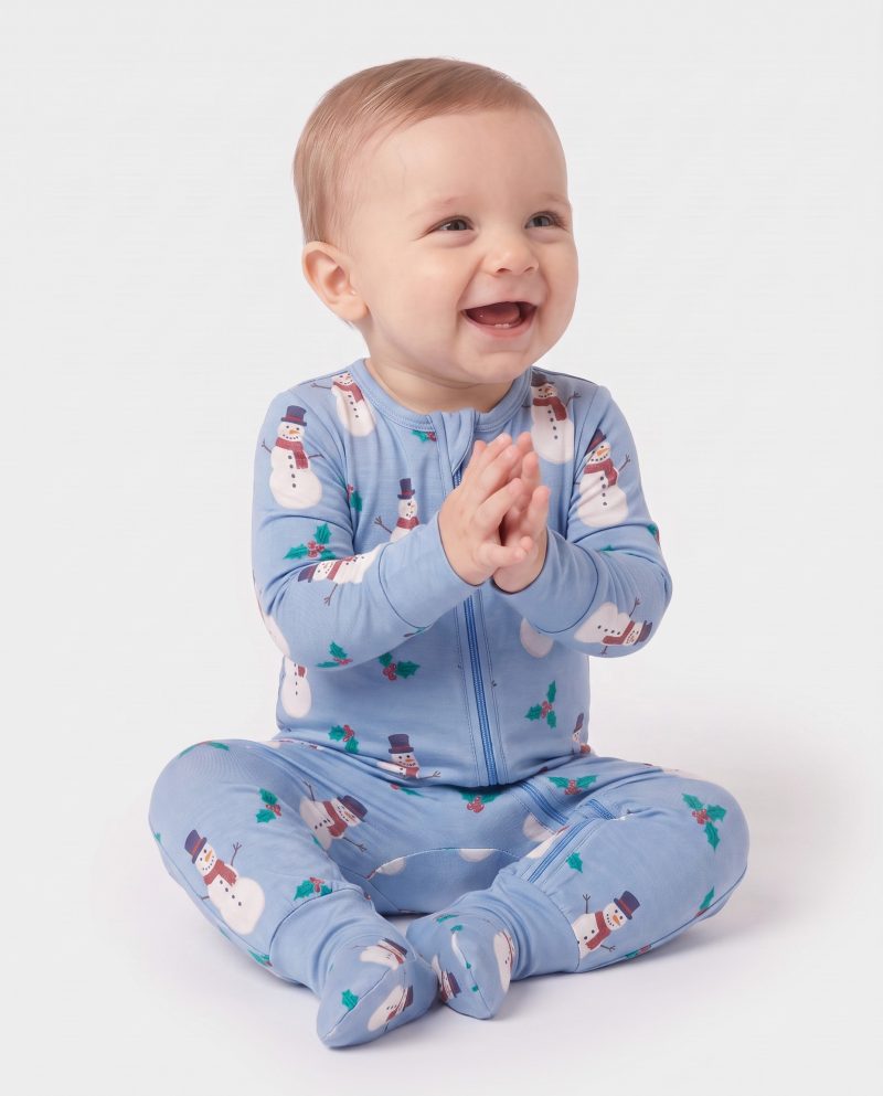 Baby Bamboo Christmas Pajamas Long Sleeve Snowman Blue