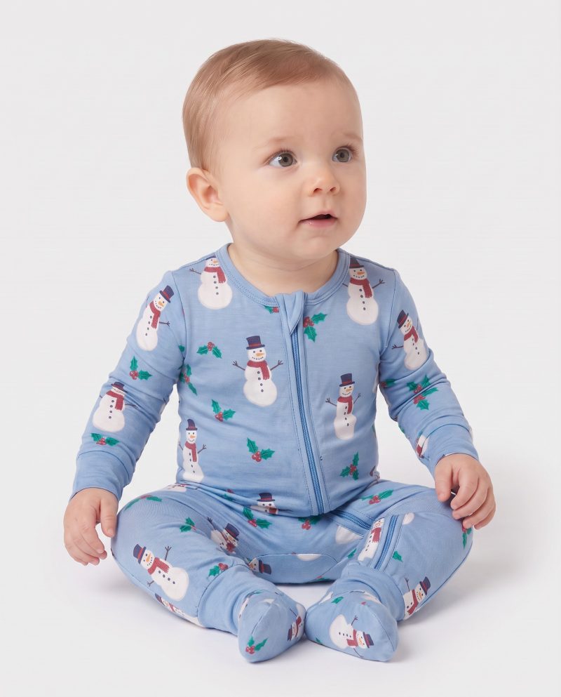 Baby Bamboo Christmas Pajamas Long Sleeve Snowman Blue
