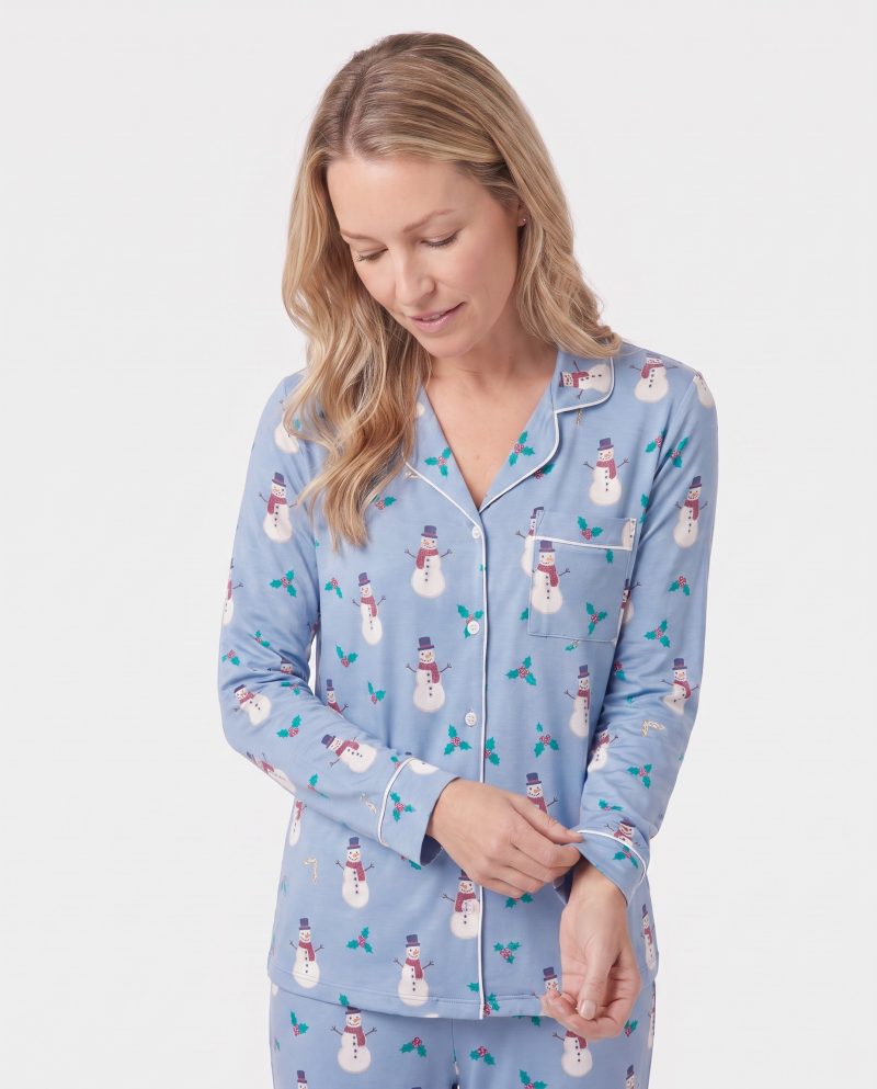 Womens Bamboo Christmas Pajamas Snowman Blue