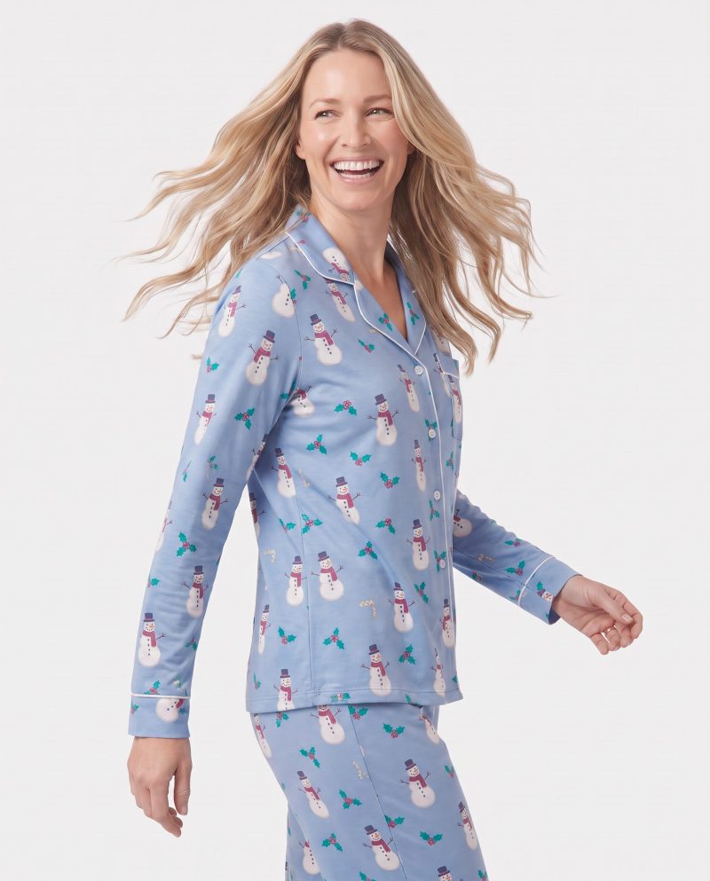 Womens Bamboo Christmas Pajamas Snowman Blue