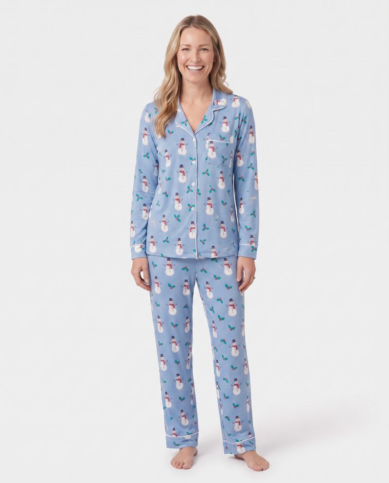 Womens Bamboo Christmas Pajamas Snowman Blue